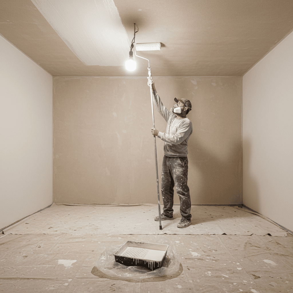 Painter applying final coat to a plastered ceiling