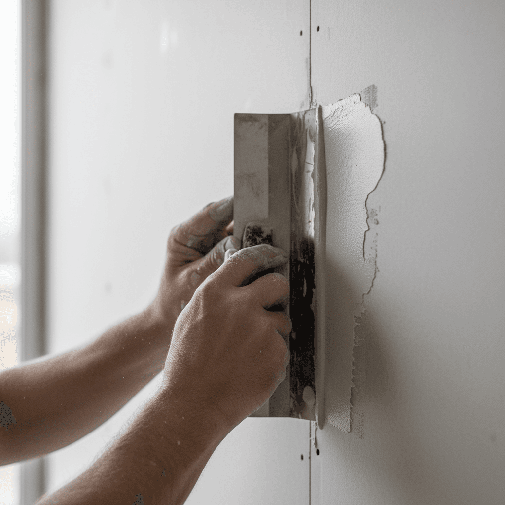 Close-up of a drywall seam being smoothed with a taping knife