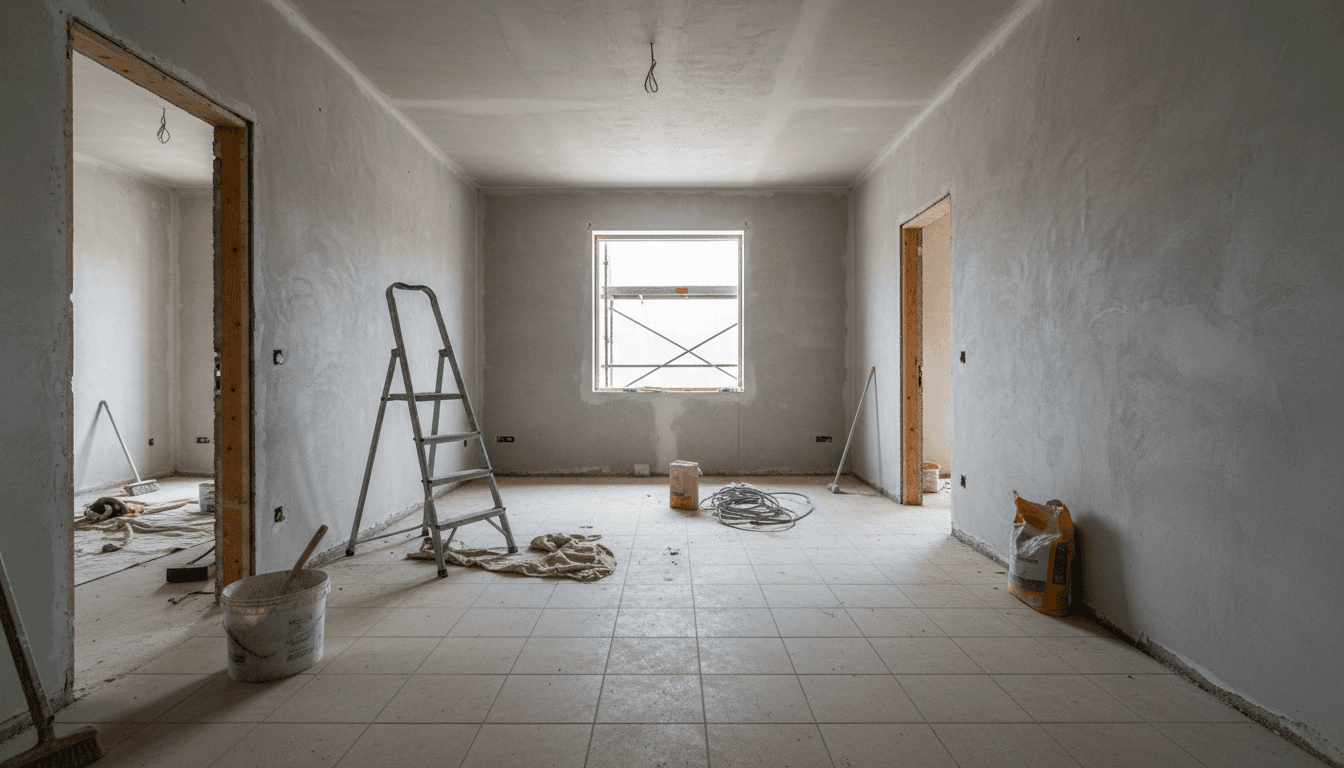 Empty room during renovation with fresh plaster walls and tiles