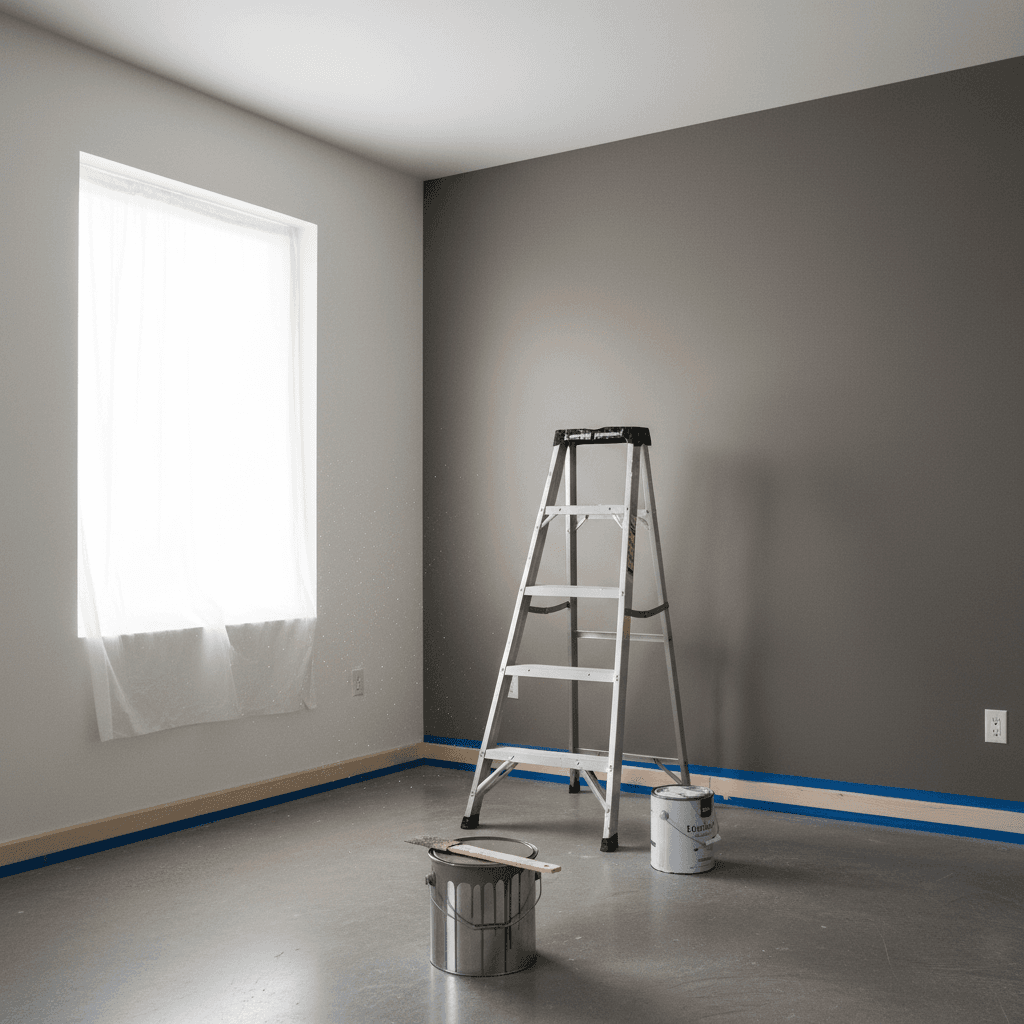 Freshly painted room with a warm grey feature wall