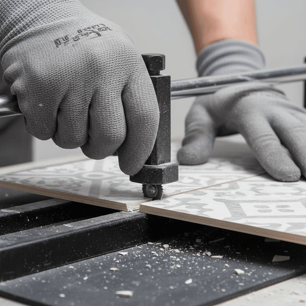 Hands cutting a ceramic tile with a manual tile cutter