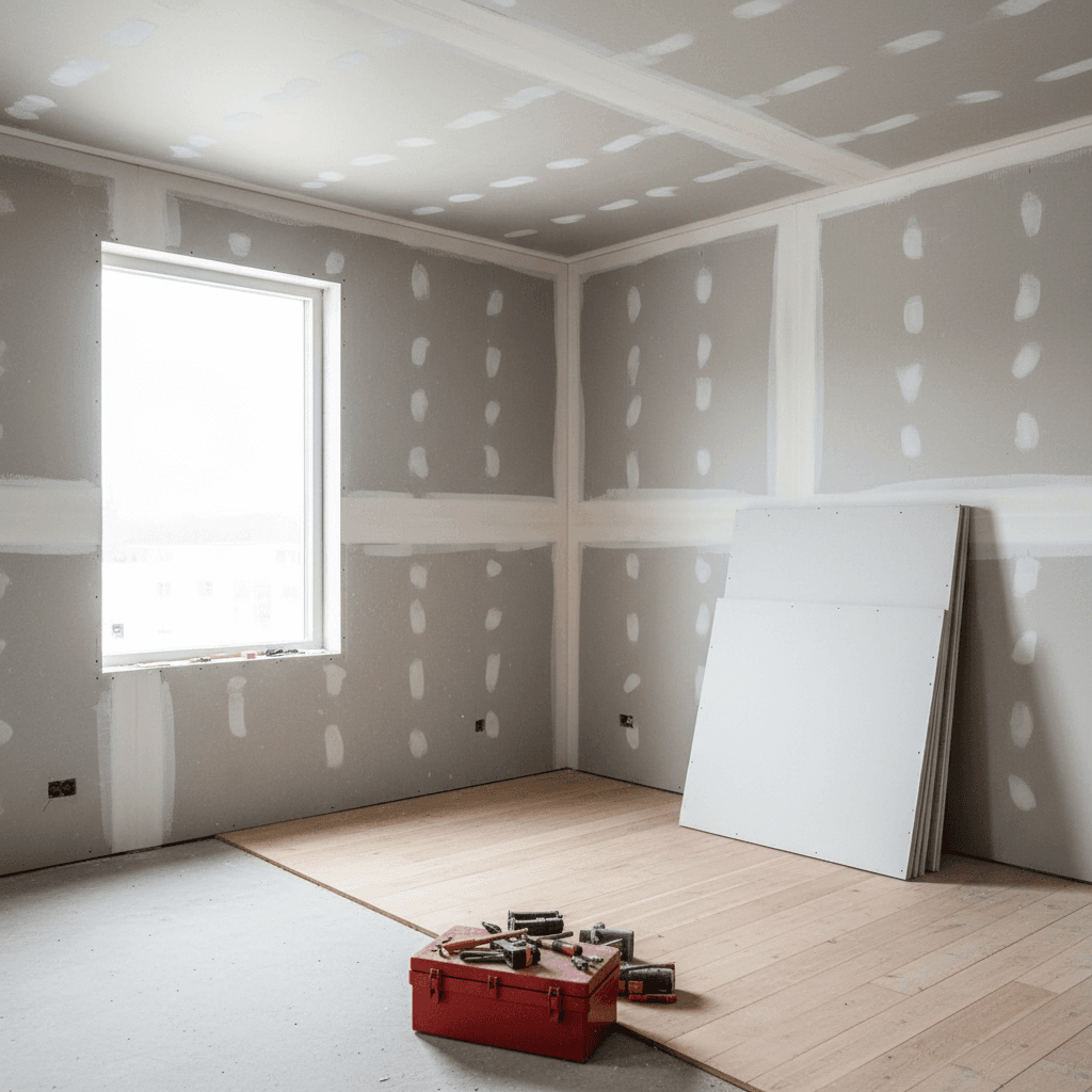 Unfinished room with drywall installed and tools on the floor