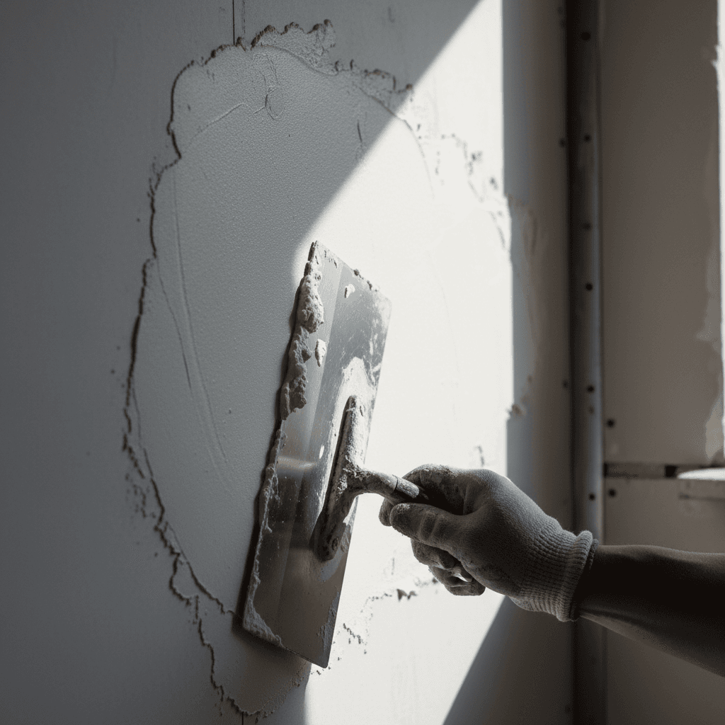 Plasterer's trowel smoothing fresh plaster on a wall