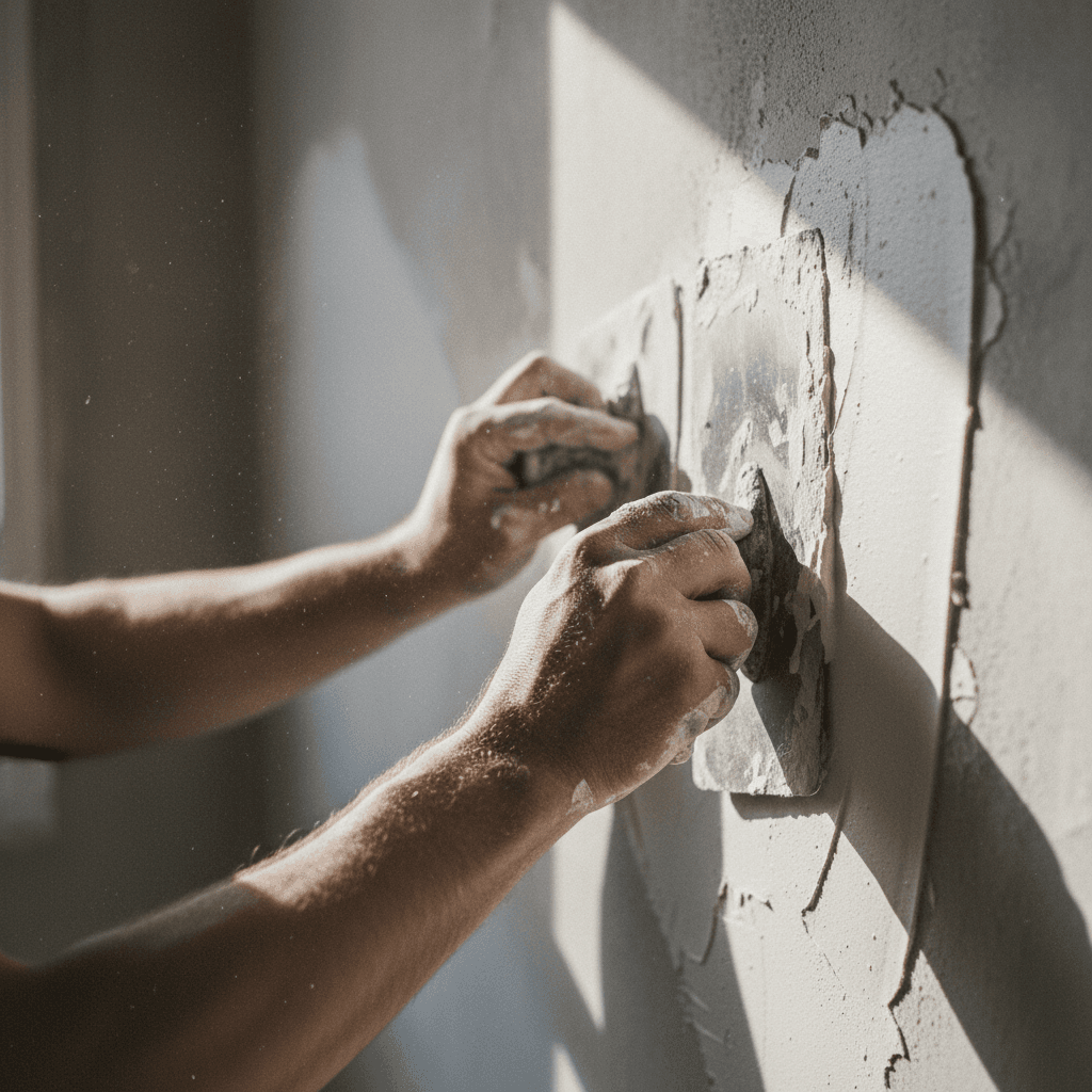 Hands applying wet plaster to a wall with a trowel