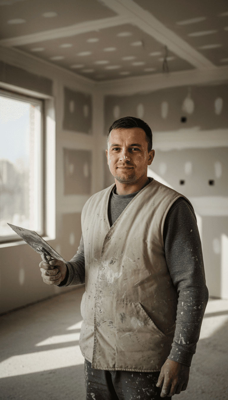 Worker in plaster-dusted vest standing in a renovation space with exposed drywall and natural light