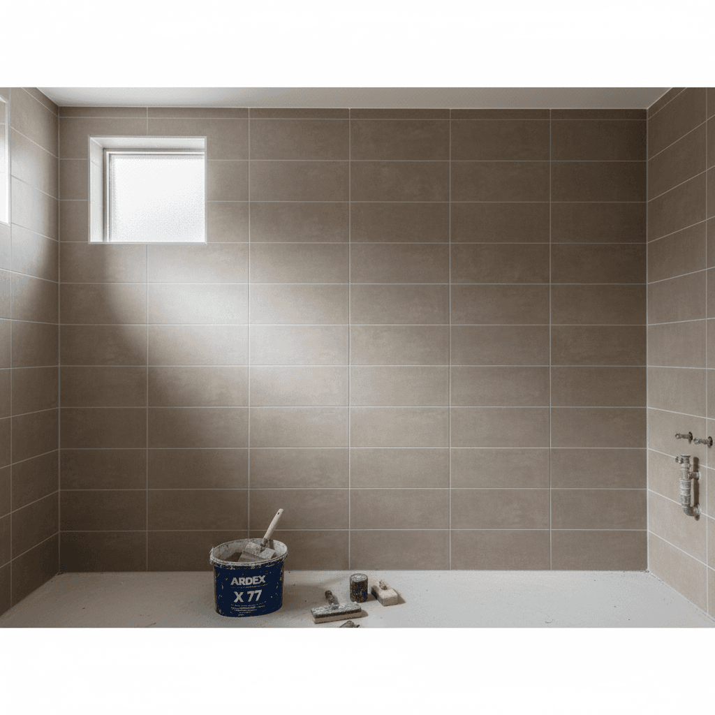 Newly tiled bathroom wall with matte ceramic tiles