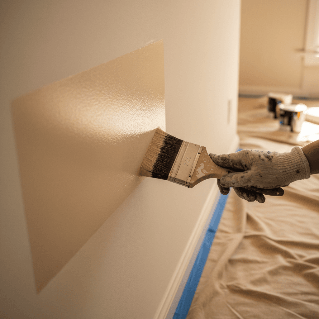 Paintbrush dipping into white paint can