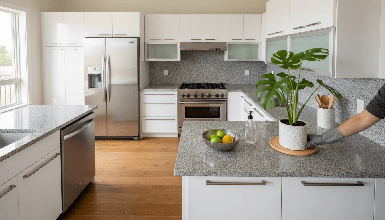 Overhead view of professionally cleaned and organized modern kitchen with granite countertops