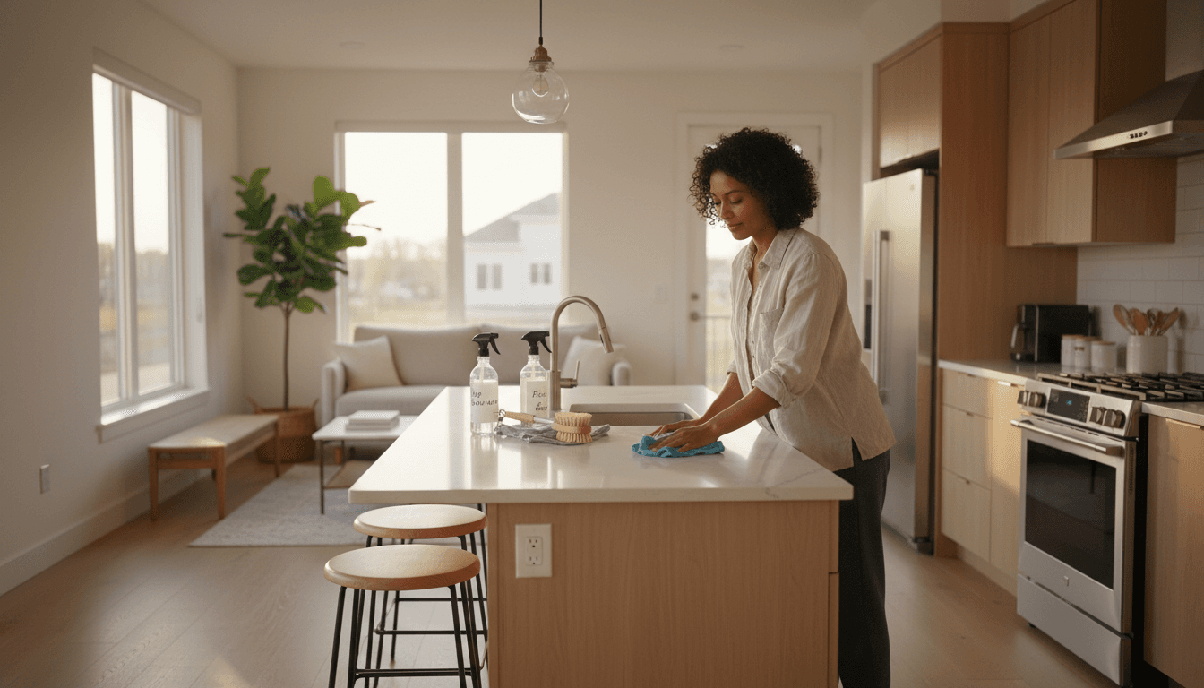 Person cleaning a kitchen counter with a spray bottle and cloth