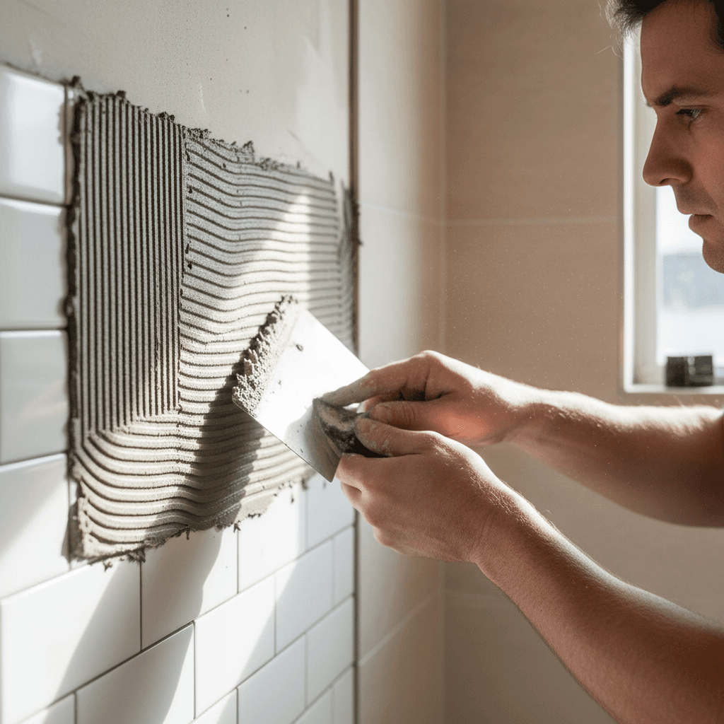 Tile adhesive being spread on a bathroom floor