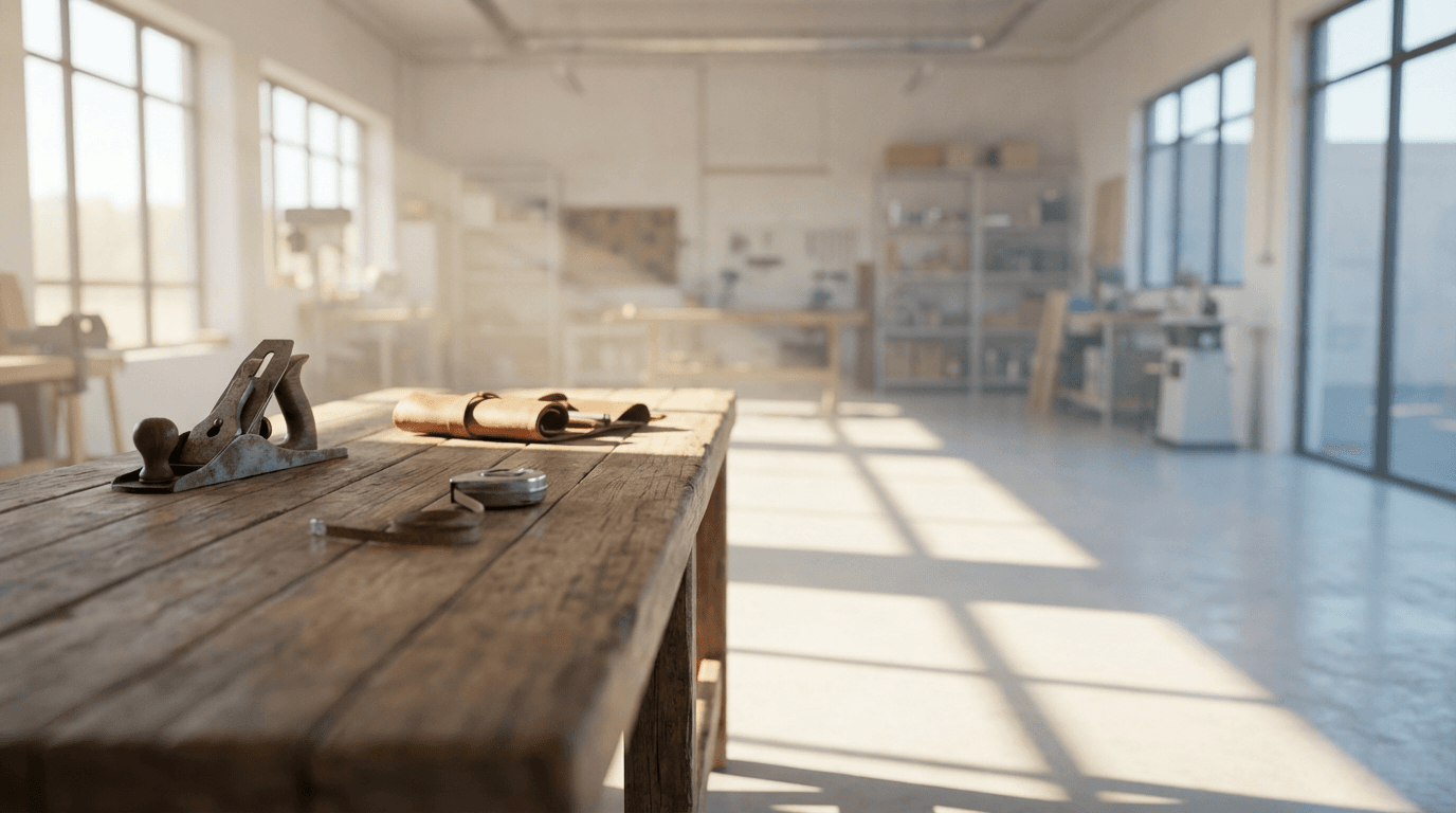 Workbench with a trowel, painter's tape, and a cleaning cloth in natural light