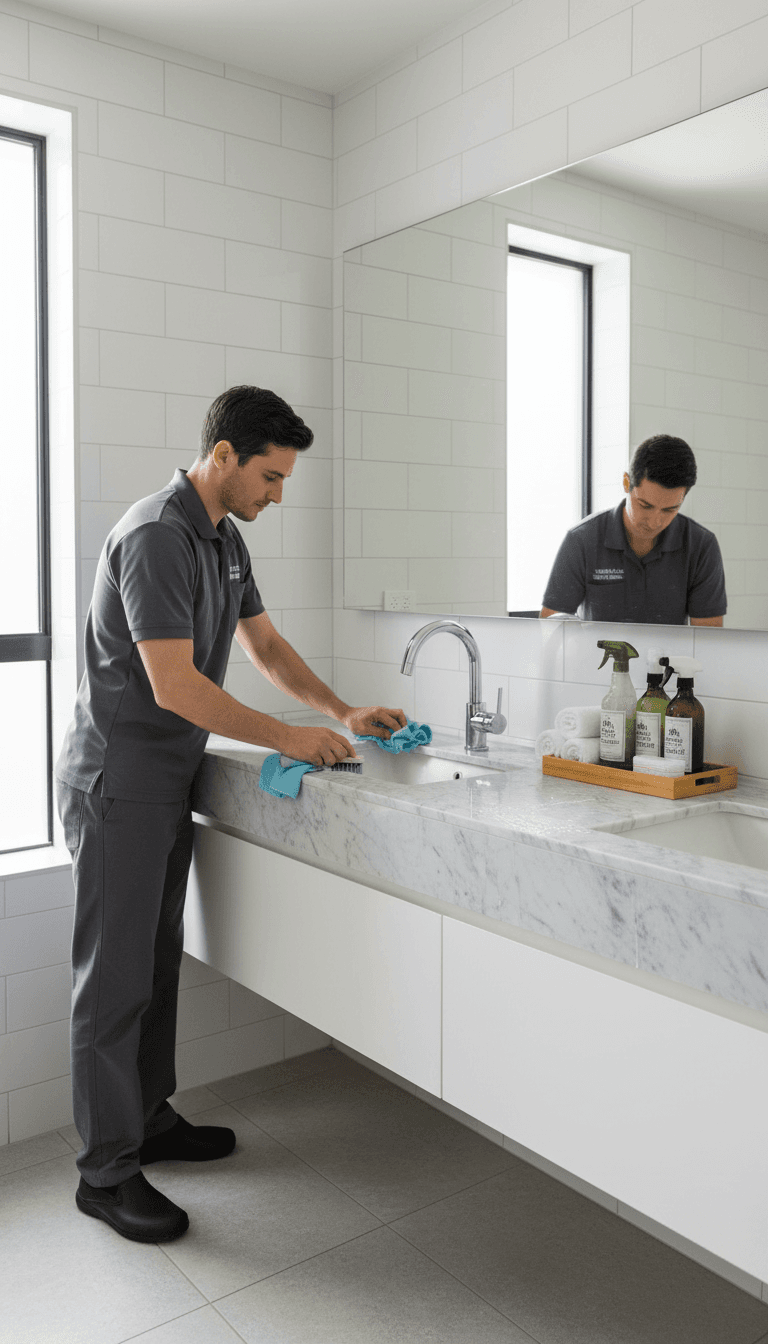 Professional cleaner polishing chrome bathroom faucet and marble sink vanity in bright, clean bathroom