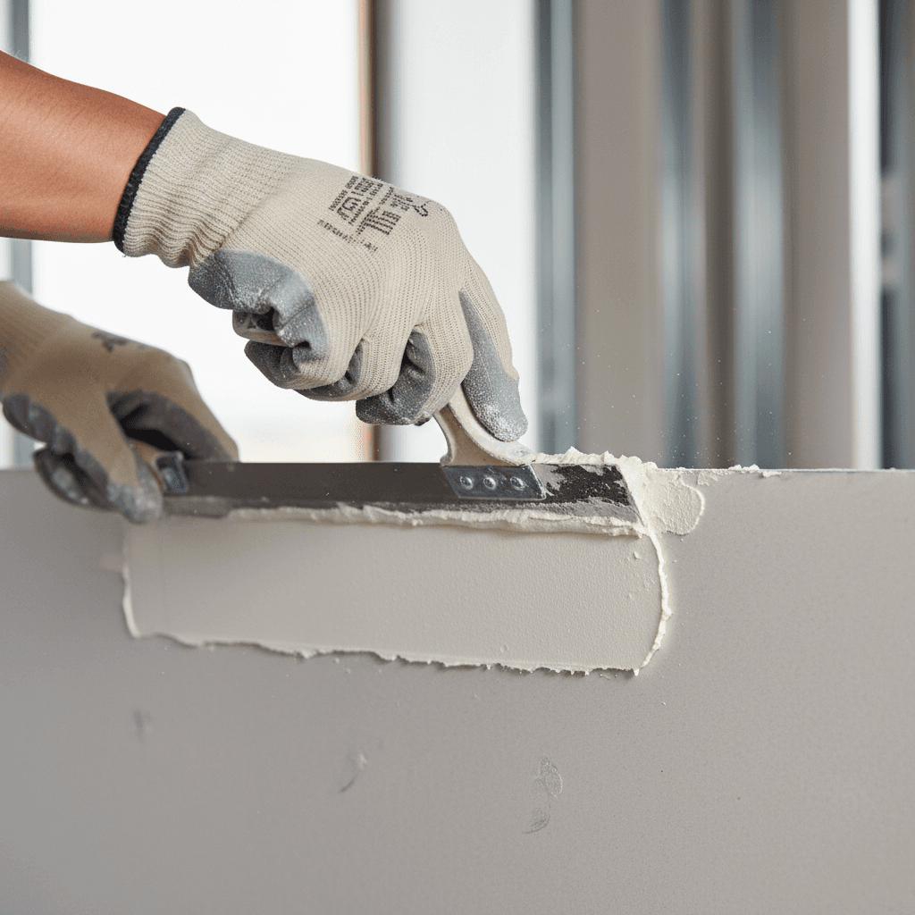 Hands applying compound to a drywall seam with a wide knife, natural light from window
