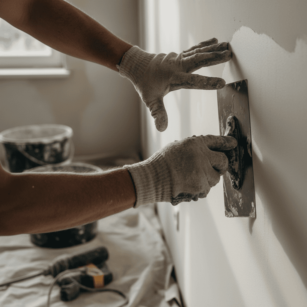 Contractor's hands smoothing wet plaster onto a wall with a trowel