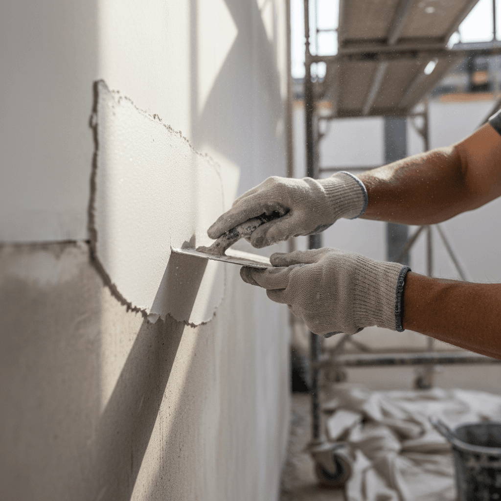 Hand smoothing fresh plaster on a wall with a trowel, natural light