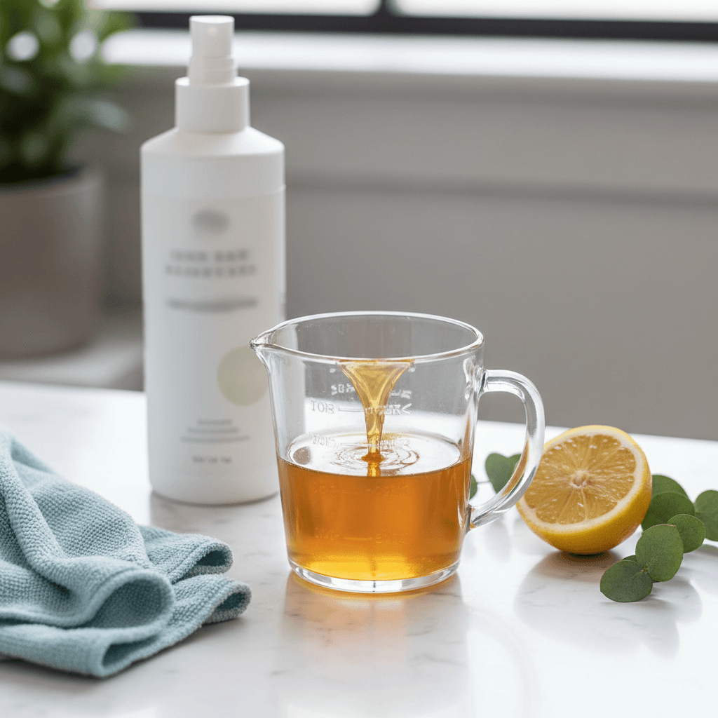 Cleaning spray bottle and microfiber cloth on a wooden table