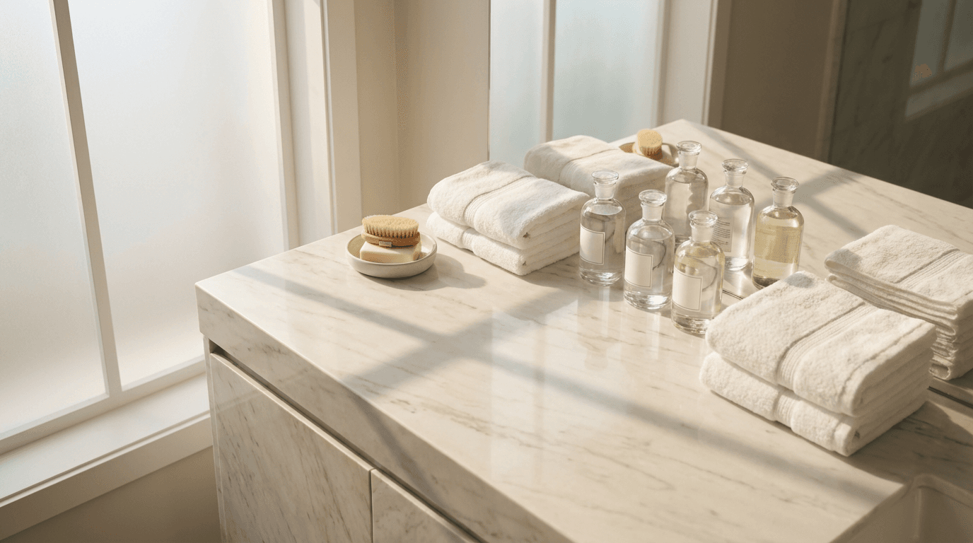 A cleaner wiping a countertop in a sunlit room