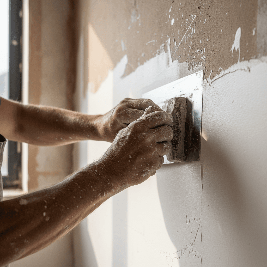 Close-up of hands applying plaster with a trowel on a wall