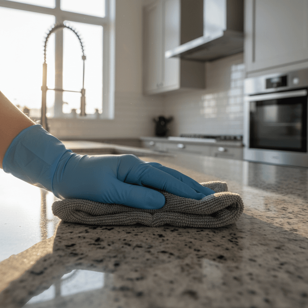 A damp cloth wiping a clean granite kitchen counter