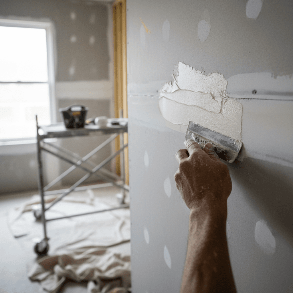 Newly plastered room with clean corners and smooth walls, construction debris on floor