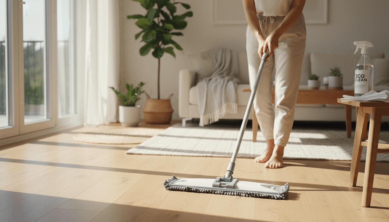 Mop cleaning light grey floor tiles in a sunlit room