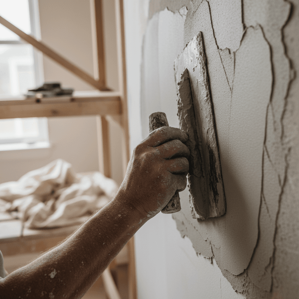 Hands applying plaster to a wall