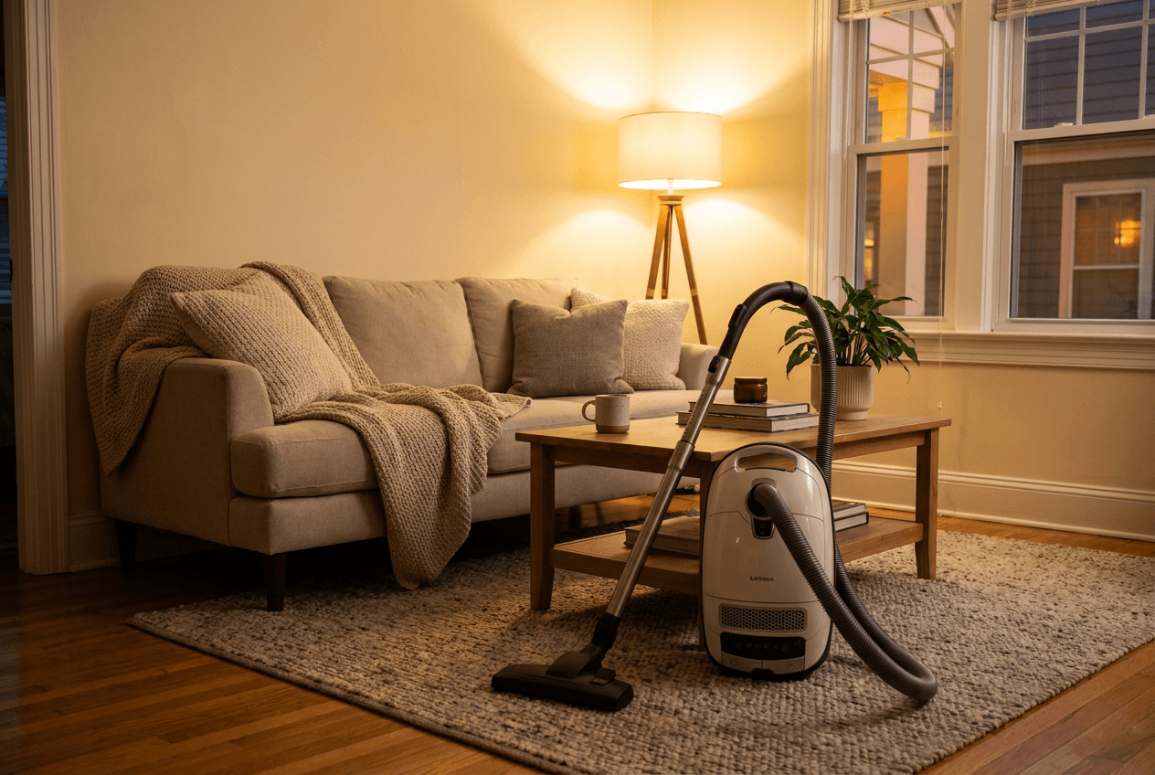 A cozy living room with a beige sofa, wooden coffee table, and a white canister vacuum cleaner resting on a rug.